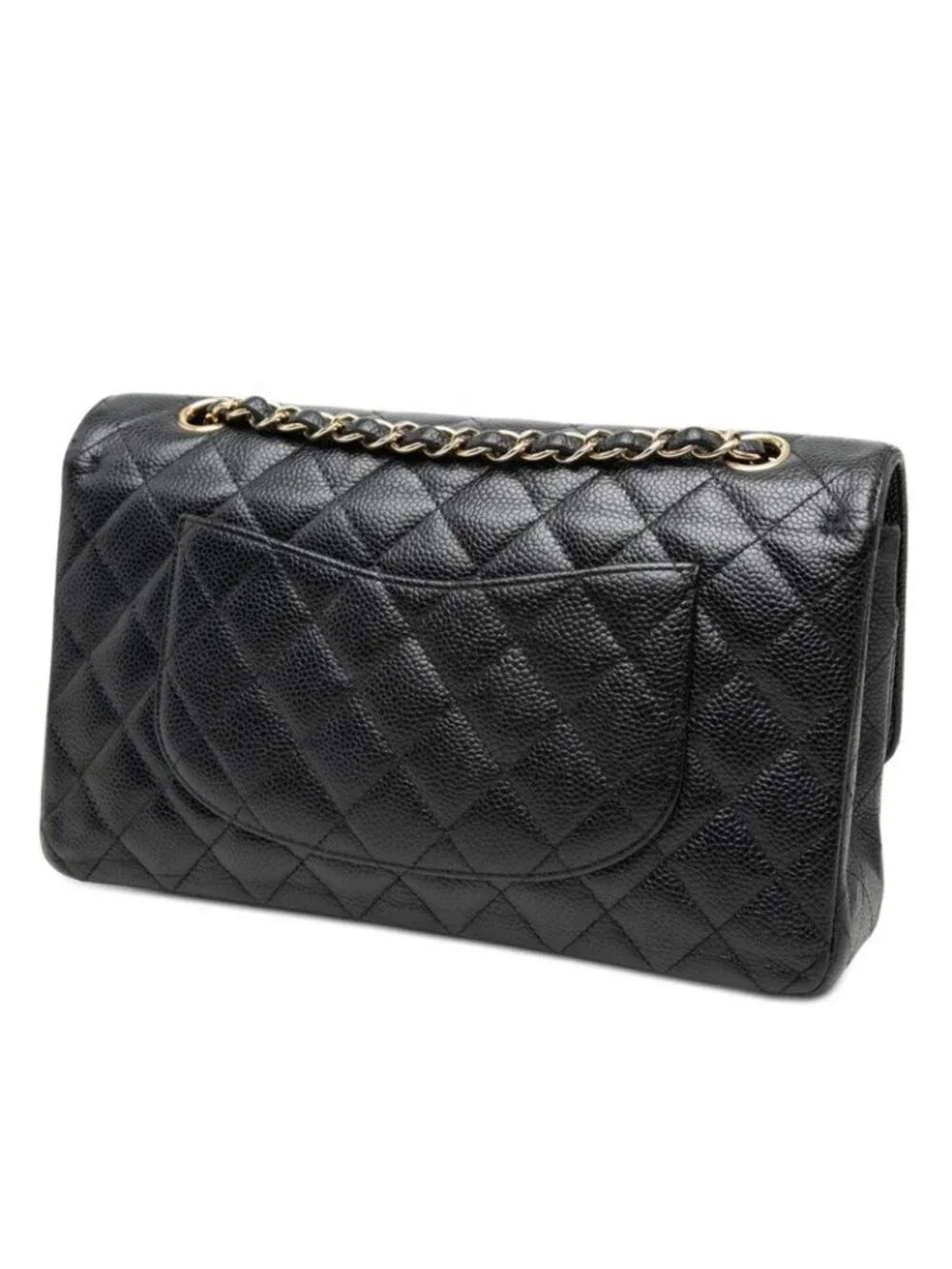 Chanel CC Logo Quilted Double Flap Chain Shoulder Bag Black Gold Caviar Leather
